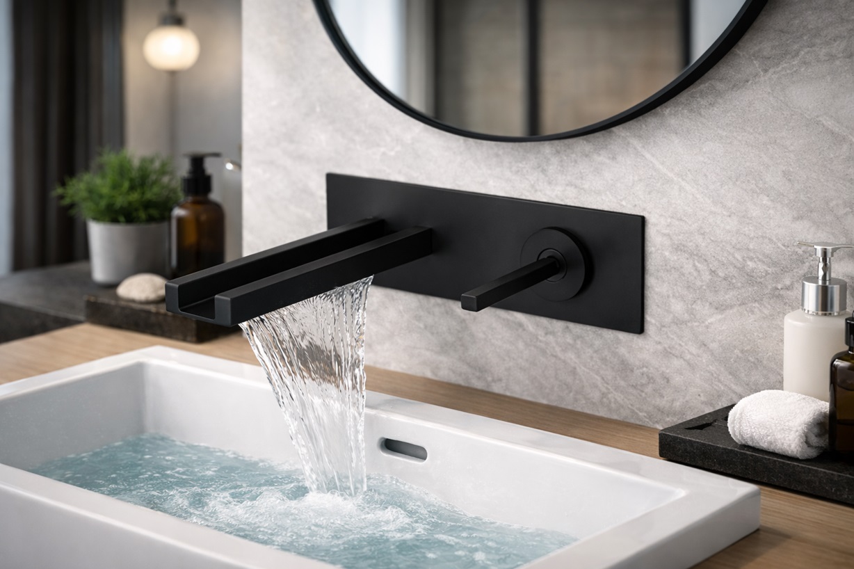 Matte black waterfall bathroom sink faucet in a contemporary stone-top vanity